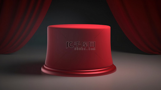 带红色丝绒布的圆形基座，在灰色背景下进行 3D 渲染