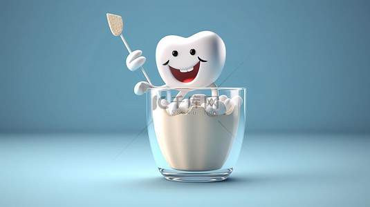 洁白的牙齿背景图片_玻璃杯中展示的可爱 3D 卡通牙齿和牙刷