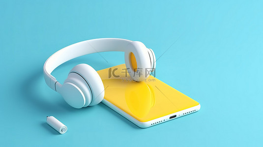 蓝色背景 3d 渲染智能手机与白色屏幕和黄色耳机模型