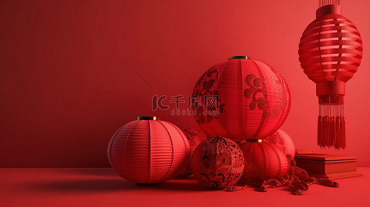 中国新年庆祝 3d 渲染贺卡与节日背景上的红灯笼