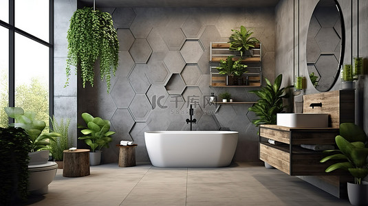 混凝土瓷砖墙的 3D 渲染突出了阁楼风格的浴室，装饰着令人愉悦的混凝土图案