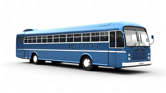 公交车的路背景图片_孤立的白色背景上的中型蓝色城市公交车的 3D 渲染