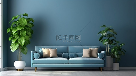 客厅的 3D 渲染展示蓝色沙发植物和家居室内模型中的装饰