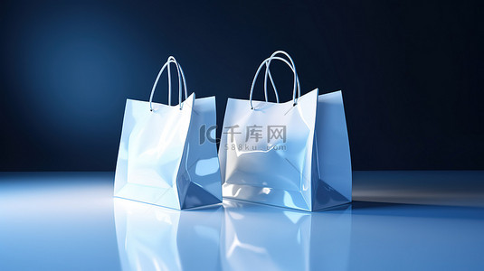 发光的蓝色背景图片_闪闪发光的蓝色背景下 3D 渲染的高品质白色购物袋