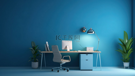 现代卡通办公室背景图片_现代办公室的 3D 渲染，配有蓝色背景的台式电脑和椅子