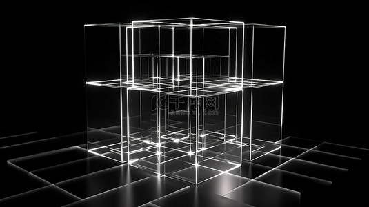 线框科幻立方体在深色背景上用亮光渲染