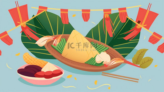 食品扁平背景图片_端午节粽子日扁平糯米食物