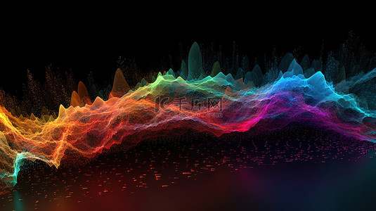 数字粒子在 3D 渲染中以彩虹色流动