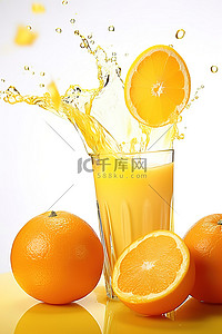 果汁橙背景图片_橙汁溅入一杯新鲜的成熟柑橘 cf 090029jpg