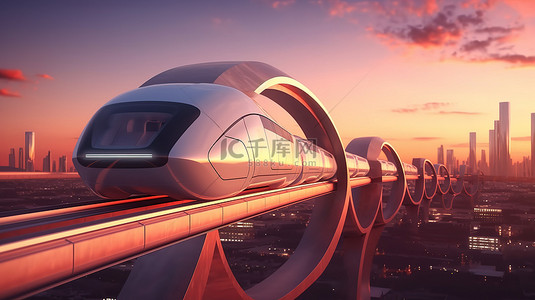 超级高铁是夜间氛围 3D 渲染中的未来交通概念模式