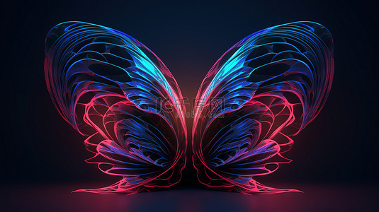 白色剪影鸟背景图片_浅色背景上霓虹粉色和蓝色 3D 插图的未来派几何翅膀