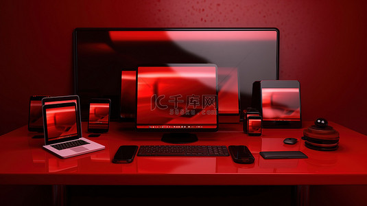 红色办公桌的 3D 插图，配有电脑笔记本电脑手机和数字平板电脑