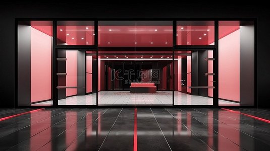 从正面看，黑色铝和玻璃店面与红色地板的 3D 渲染