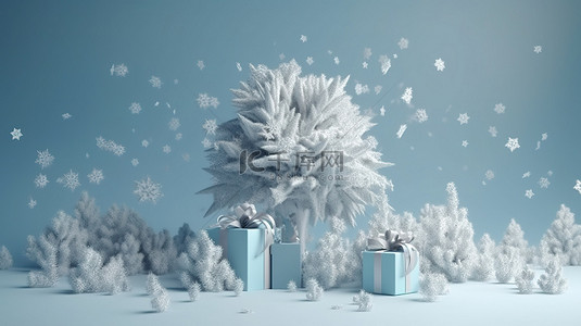 冬季城市背景图片_节日 3D 渲染冬季仙境与礼品盒雪花和树木