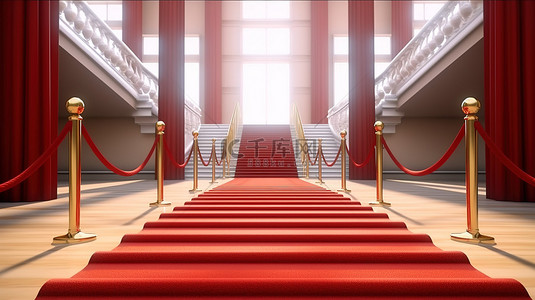 带绳索屏障和楼梯的长红地毯末端敞开的门的 3D 渲染