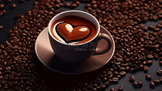 卡咖啡背景图片_心形咖啡豆和一杯 joe 平躺 3D 渲染背景