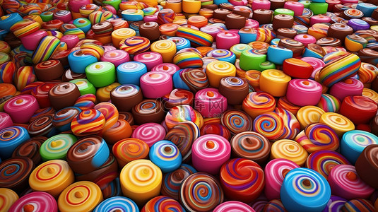 充满活力的糖果设计彩色巧克力糖果的 3D 插图