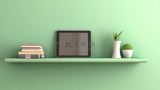 1 水平横幅的 3D 插图，在绿色墙架上展示数字平板电脑