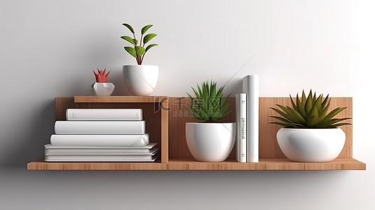 白色陶瓷盆中的小植物装饰着木架上 3D 渲染的书籍
