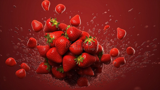 栩栩如生的 3D 模拟中，充满活力的红色背景上堆满了多汁的草莓
