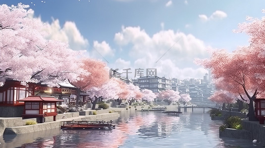 阳光明媚的一天，在日本花园里，樱花树盛开，城市景观以 3D 插图呈现