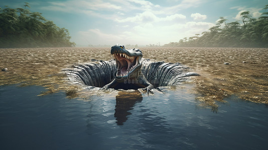 鳄鱼潜入具有反射表面的水坝的 3D 渲染光栅插图