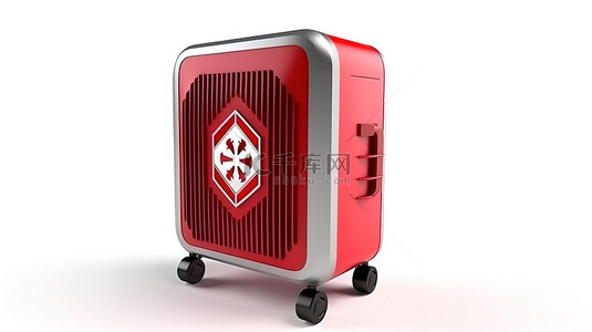 红色空调背景背景图片_带红色金属保护罩和保修的白色背景便携式空调的 3D 渲染