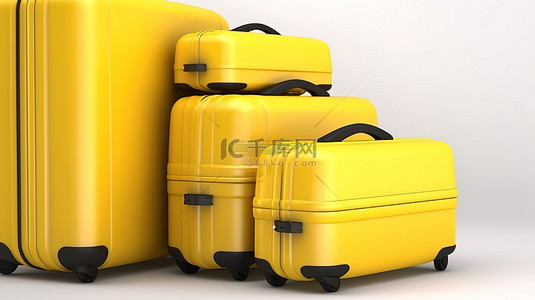 白色背景以 3D 渲染中的黄色硬箱行李为特色