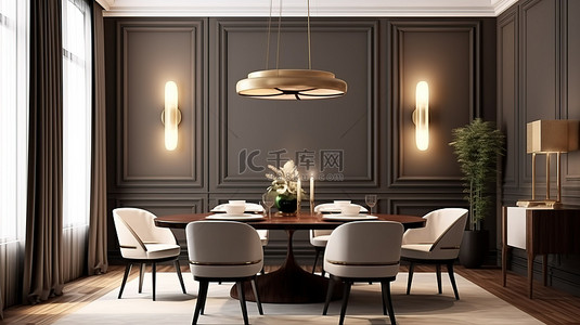 豪华餐厅的 3D 渲染，展示华丽的餐桌套装和吊灯