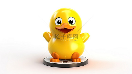 黄色的可爱卡通鸭吉祥物，白色背景上有 3D 抽象电池充电