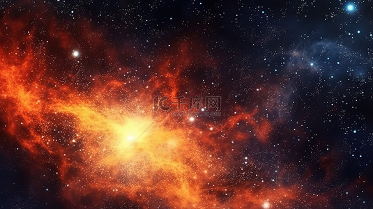 星空红背景图片_繁星点点的夜空和充满活力的红黄色星系水平背景横幅银河和宇宙的 3D 插图