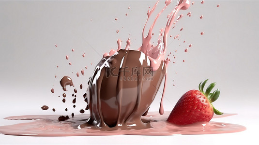 牛奶飞溅背景图片_巧克力牛奶和草莓飞溅中风暴的孤立 3D 渲染