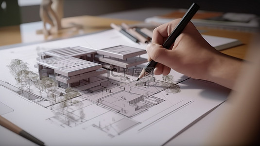 手绘建筑房子背景图片_从手绘草图到完成项目的创意建筑过程的 3D 渲染