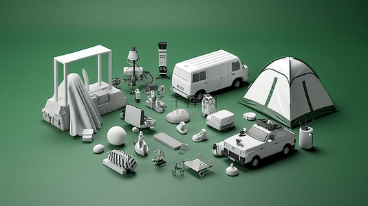 绿色背景 3D 渲染等距场景中的单色露营设备