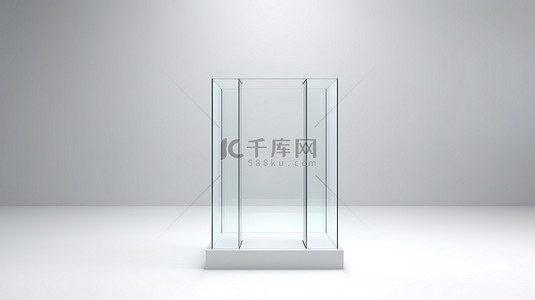 空置的展览装置玻璃展示立方体位于博物馆或画廊的基座舞台或柱子上，设置 3D 渲染在白色背景上