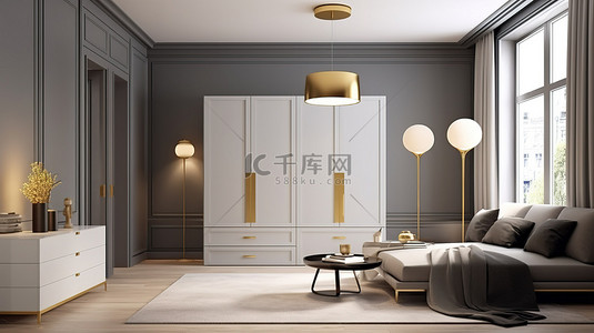 金色边背景图片_经典客厅的现代风格白色衣柜和金色边桌与灰色墙壁的3D渲染