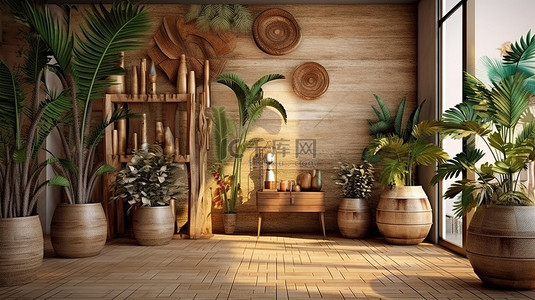 热带装饰背景图片_热带风格的房间设有木墙装饰和 3D 渲染的活泼花盆
