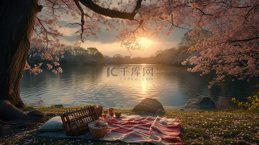 樱花季节河l边野餐图片