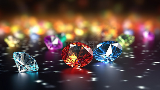 钻石蓝色背景图片_闪闪发光的一组五彩钻石 3D 渲染，主要物体处于焦点