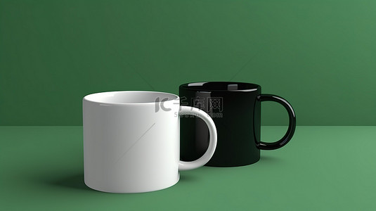 饮料绿色背景背景图片_绿色背景，带有 3D 渲染的黑白咖啡或茶杯，无内容