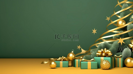 3D 渲染卡通圣诞树，带有节日丝带装饰，用于贺卡和横幅