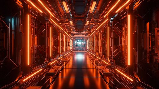 3D 渲染中的赛博朋克概念化霓虹灯发光太空飞船走廊