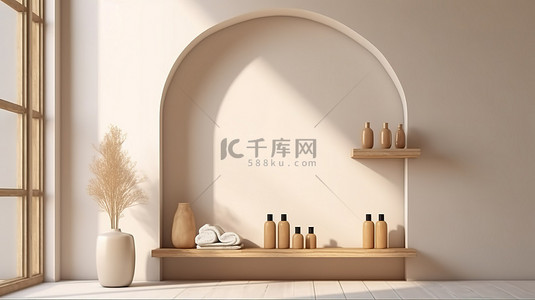 浅色家具背景图片_简约的木架内部 3D 渲染浅色洗涤区域的插图