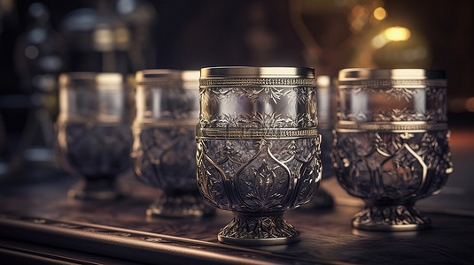 美食和旅游背景图片_金属传统支架展示选择性焦点和俄罗斯玻璃杯的色调 3d 渲染