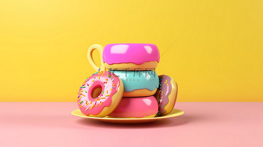 背景工作台背景图片_柔和的黄色背景上充满活力的甜甜圈和咖啡杯的 3D 渲染
