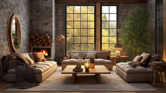 传统客厅的 3D 渲染，配有质朴的装饰舒适的家具和华丽的壁炉