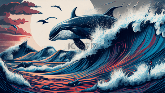 海豚浪潮插画背景