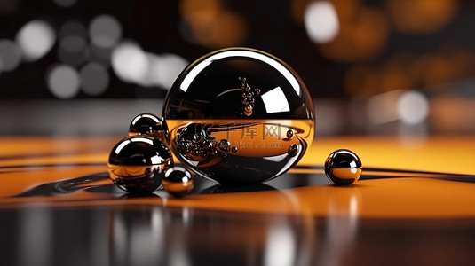 抽象黑色海报背景上棕色和金色液体球的简约风格 3D 渲染