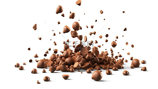 可可豆背景图片_可可与巧克力片落在孤立的白色背景上的 3D 插图