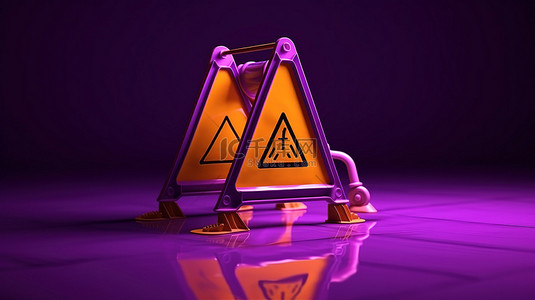 雨雪防滑背景图片_带有警告便携式地板标志的紫色背景的 3D 渲染